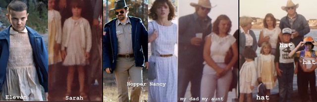 Photo comparisons of Strangers Things characters alongside the author's personal photos shared with the Stranger Things creators